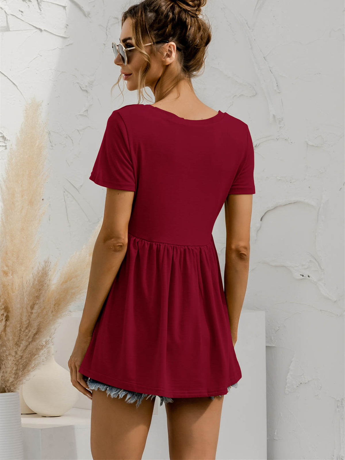 V-neck Short Sleeve Babydoll Top (12)