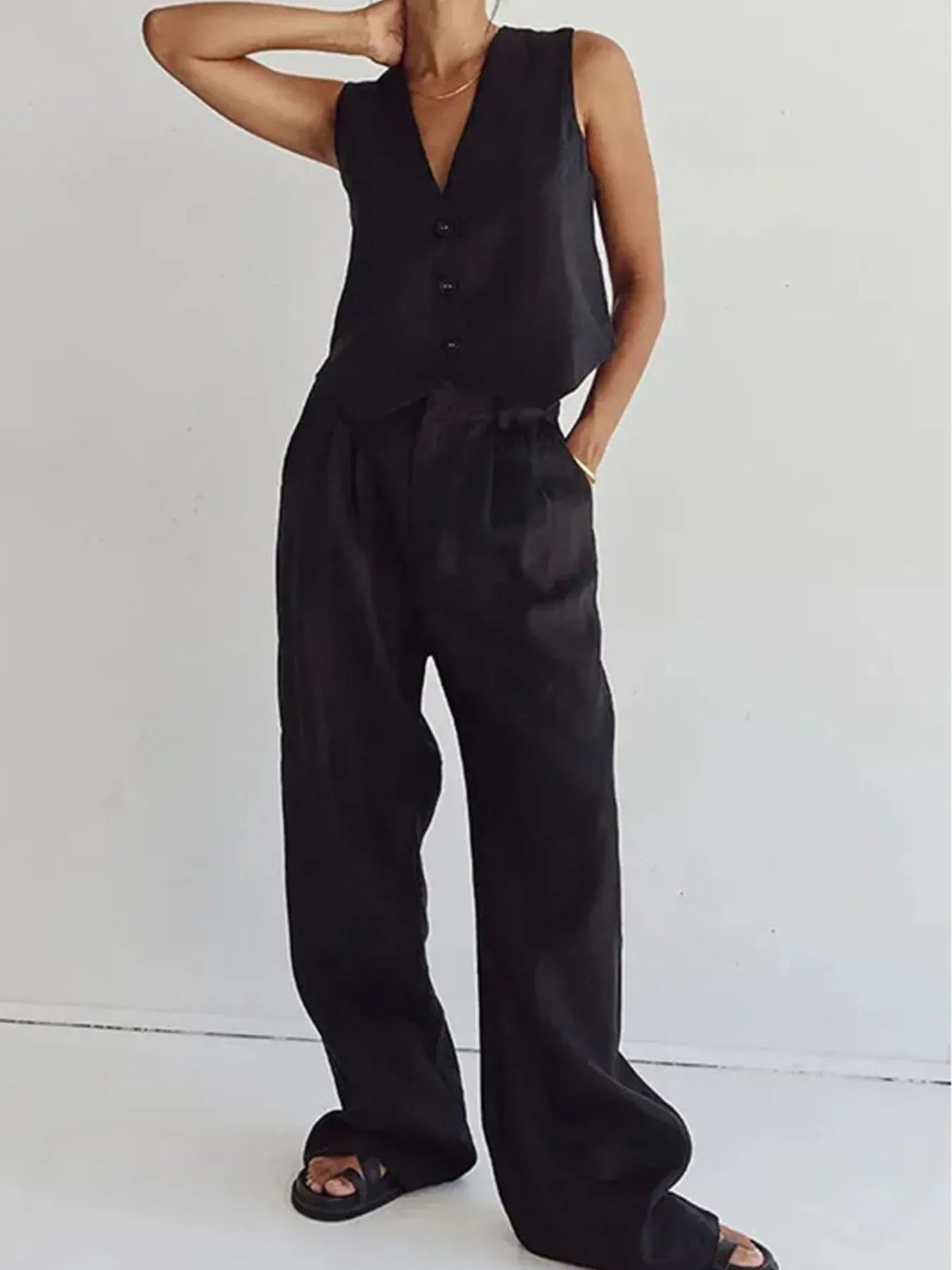 Full Size V-neck Vest Wide Leg Pants Set Plus (8)