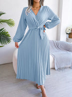 Elegant Pleated Front Tie Long Sleeve Dress (4)