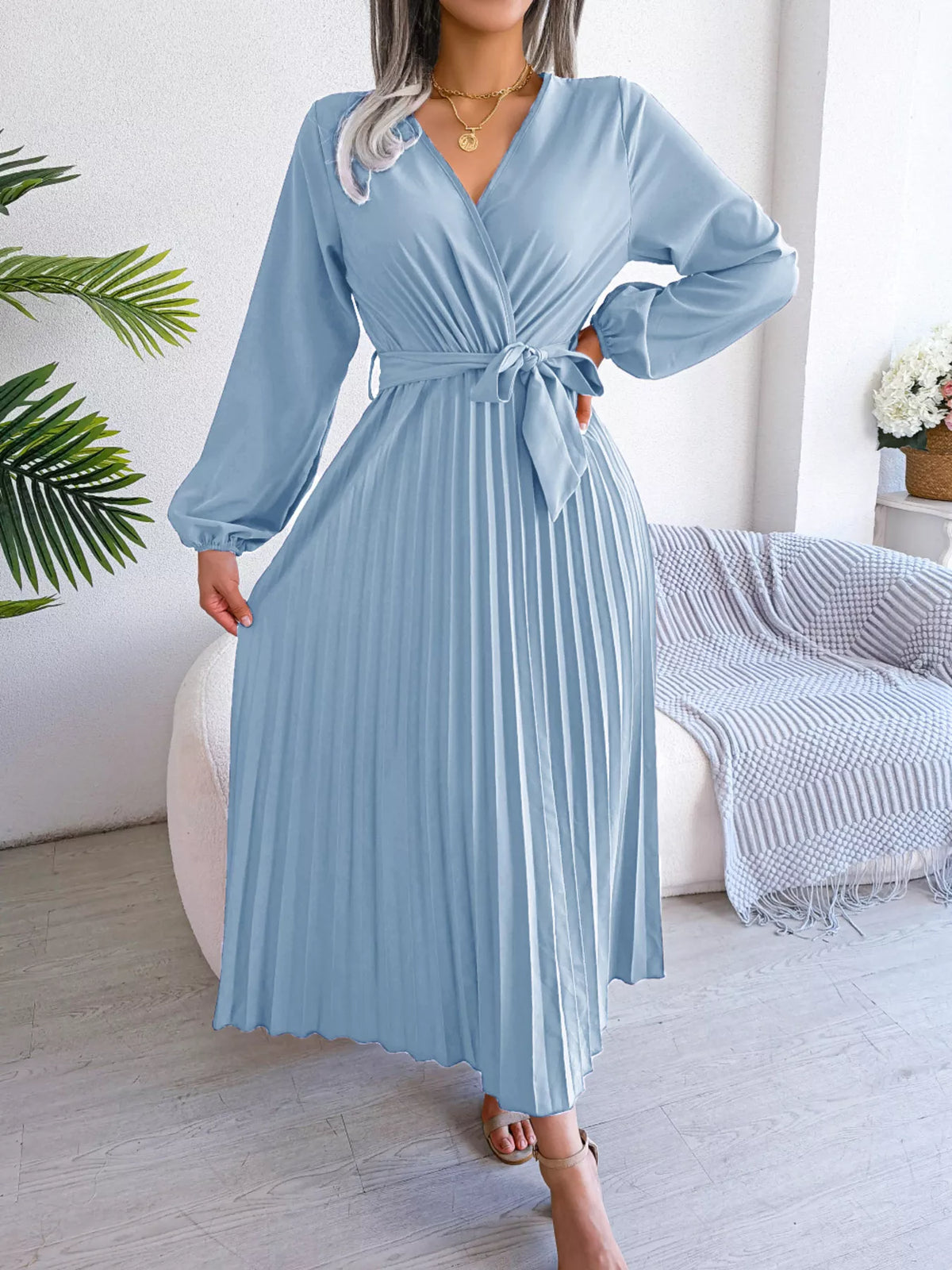 Elegant Pleated Front Tie Long Sleeve Dress (4)