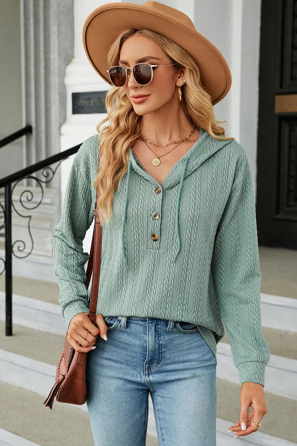 Drawstring Half Button Long Sleeve Hoodie (27)