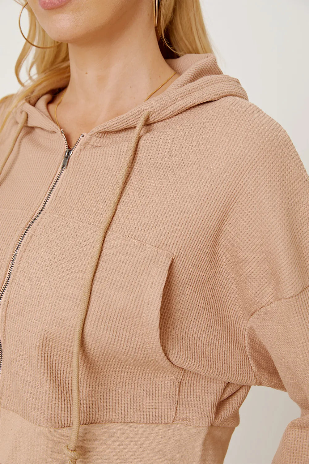 Waffle-knit Drawstring Zip Up Hoodie (6)