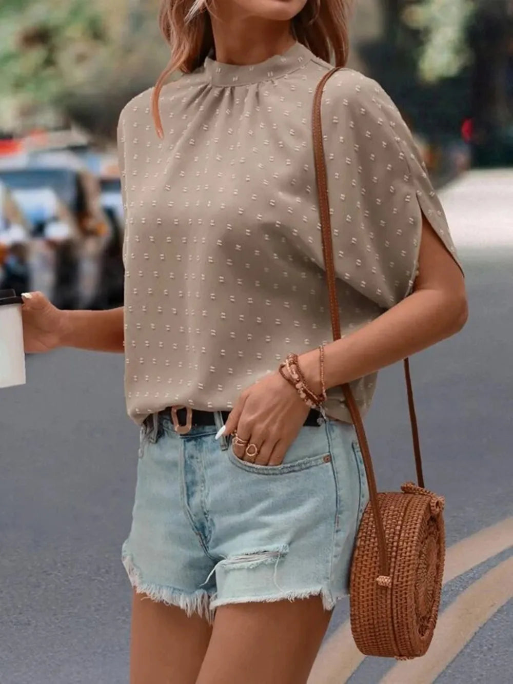 Swiss Dot Mock Neck Half Sleeve Blouse (8)