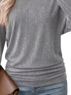 Long Sleeve Crew Neck Casual T-shirt Ruched Hem (4)