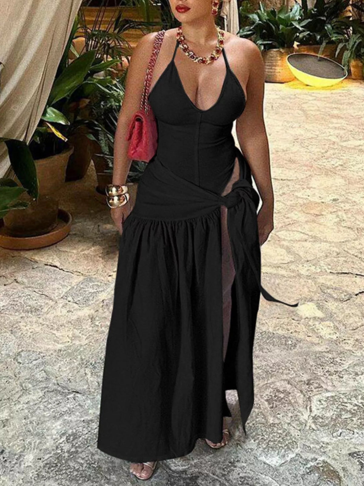 Halter Neck Ruched Bodysuit Maxi Skirt Set (12)