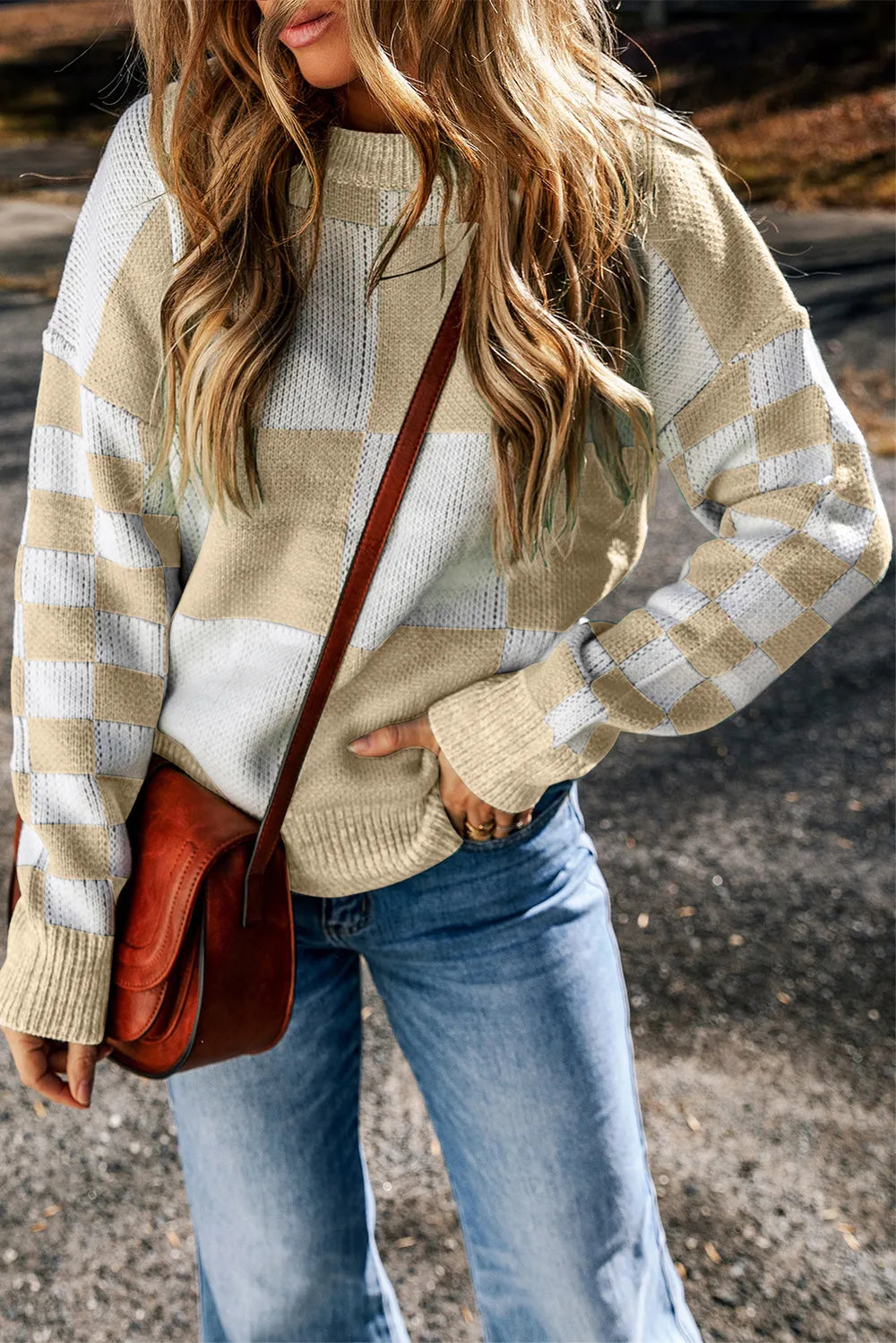 Checkered Round Neck Drop Shoulder Sweater (10)