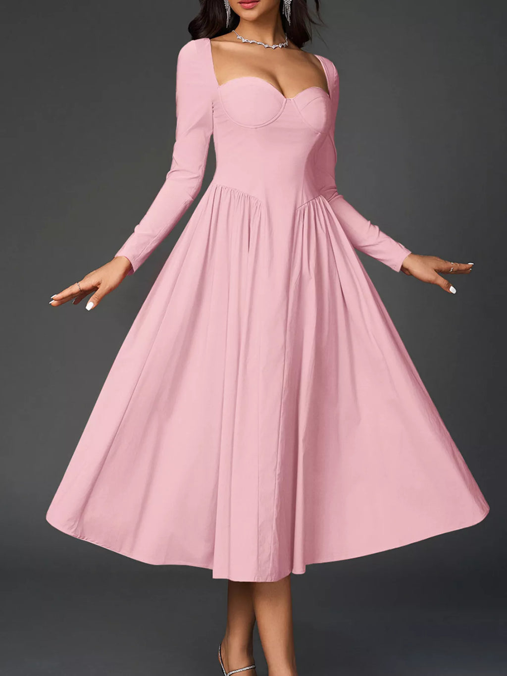 Sweetheart Neckline Long Sleeve A-line Midi Dress (28)