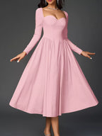 Sweetheart Neckline Long Sleeve A-line Midi Dress (28)