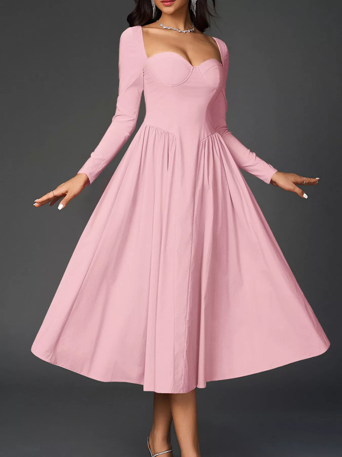 Sweetheart Neckline Long Sleeve A-line Midi Dress (28)