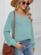 Eyelet V-neck Long Sleeve Sweater (15)