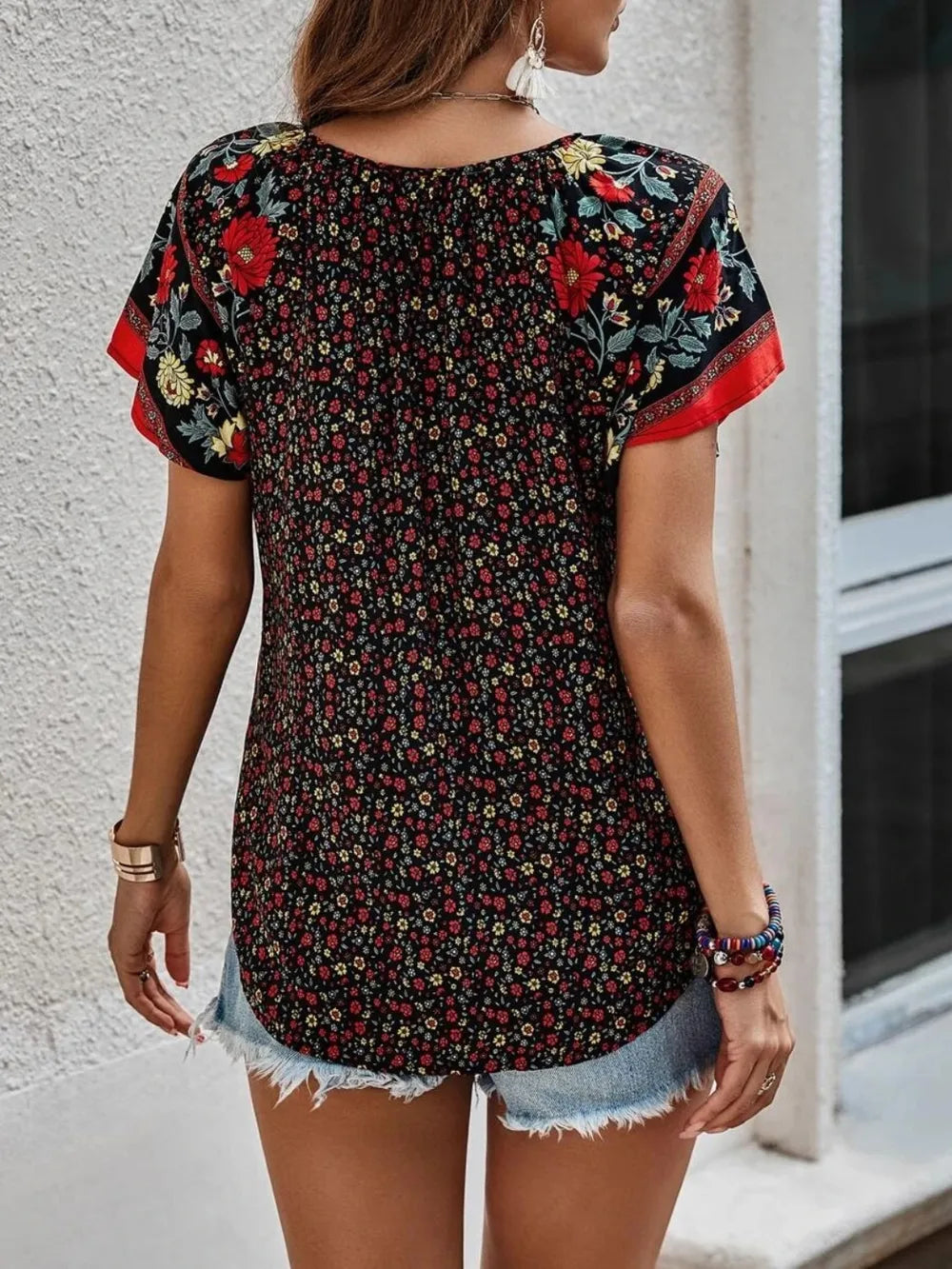 Printed Tie Neck Short Sleeve Blouse (2)