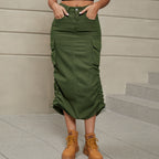 Drawstring Ruched Slit Denim Midi Skirt (22)