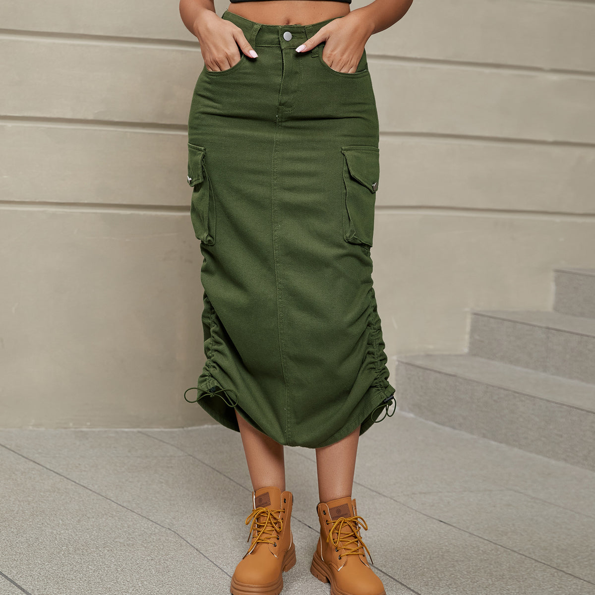 Drawstring Ruched Slit Denim Midi Skirt (22)