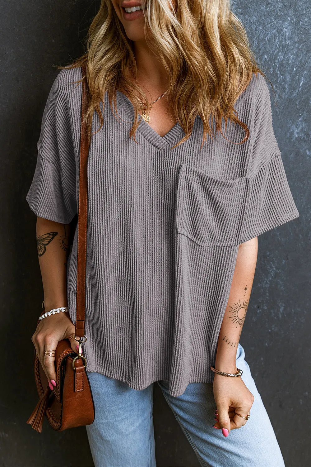 Textured V-neck Dropped Shoulder T-shirt (19)
