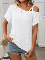Eyelet Asymmetrical Shoulder Short Sleeve T-shirt (8)
