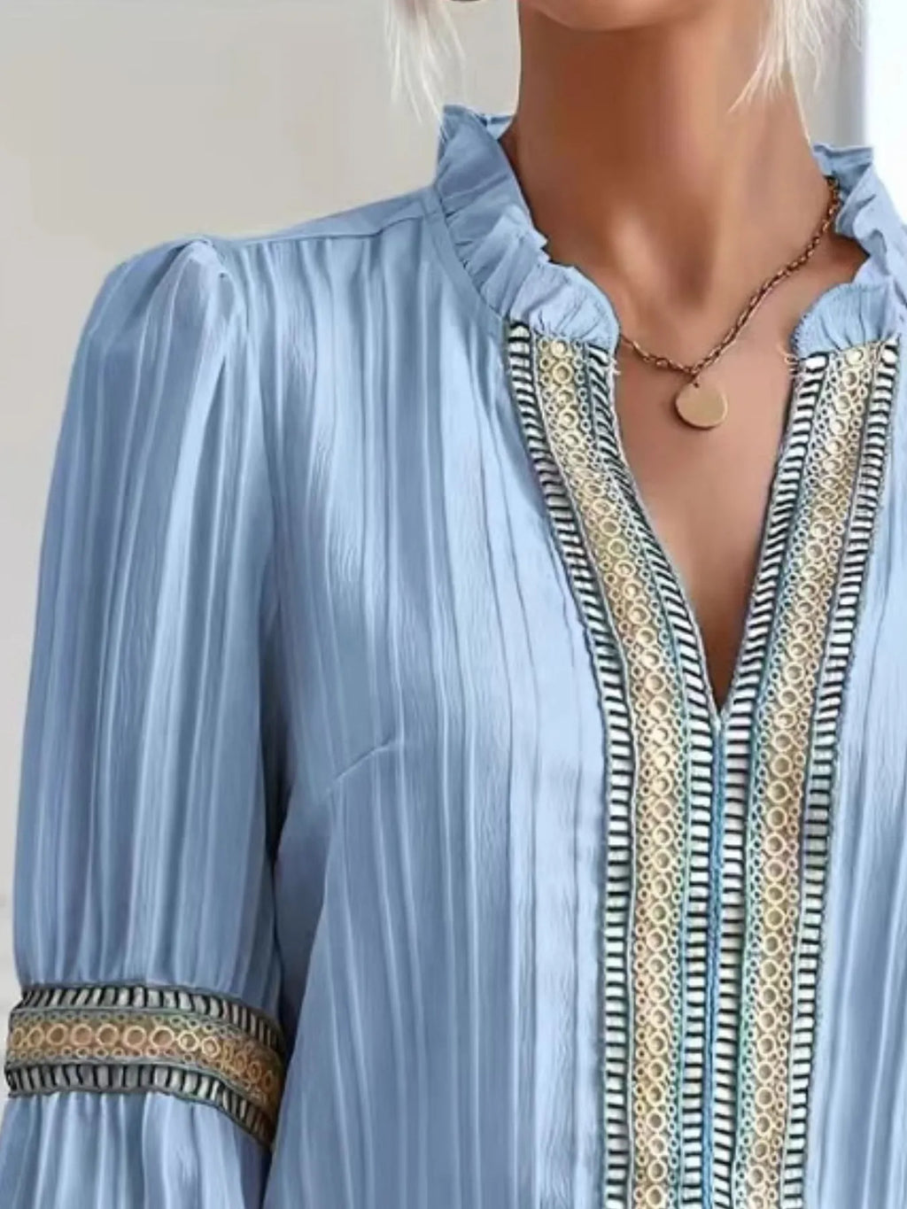 Notched Textured Balloon Sleeve Blouse (9)