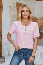 Eyelet Round Neck Short Sleeve Blouse (16)