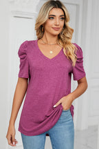 Heathered V-neck Puff Sleeve T-shirt (3)