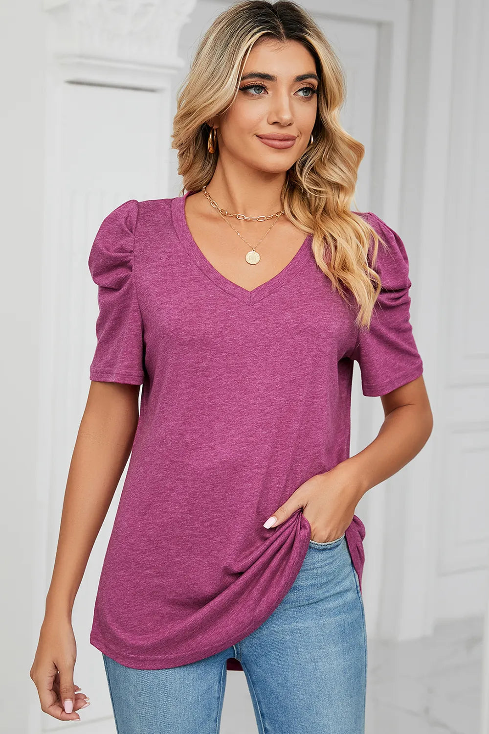 Heathered V-neck Puff Sleeve T-shirt (3)