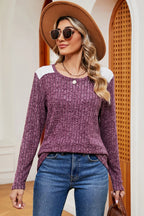 Eyelet Ribbed Round Neck Long Sleeve T-shirt (23)