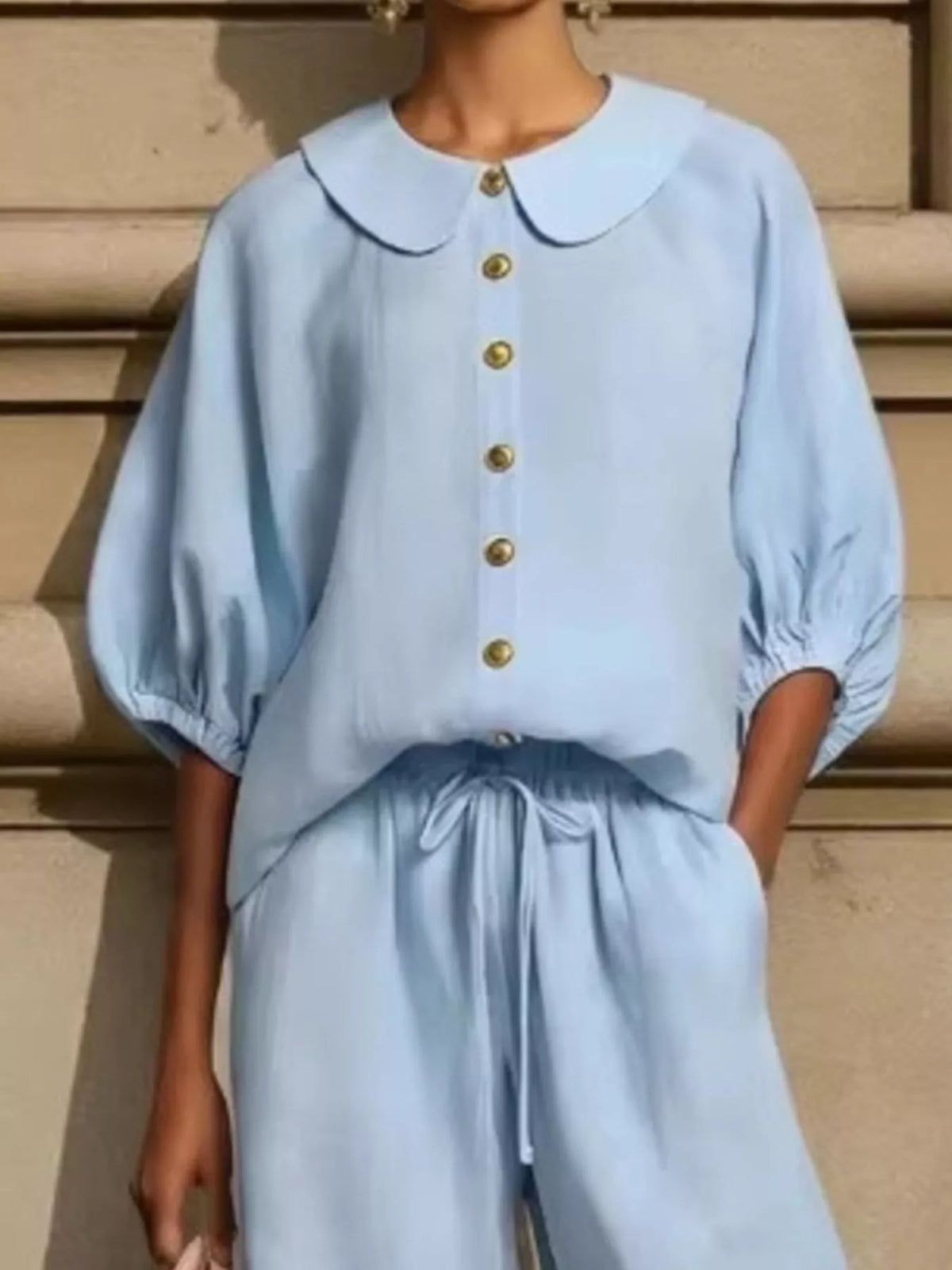 Full Size Button Down Half Sleeve Top Pants Set Plus (11)