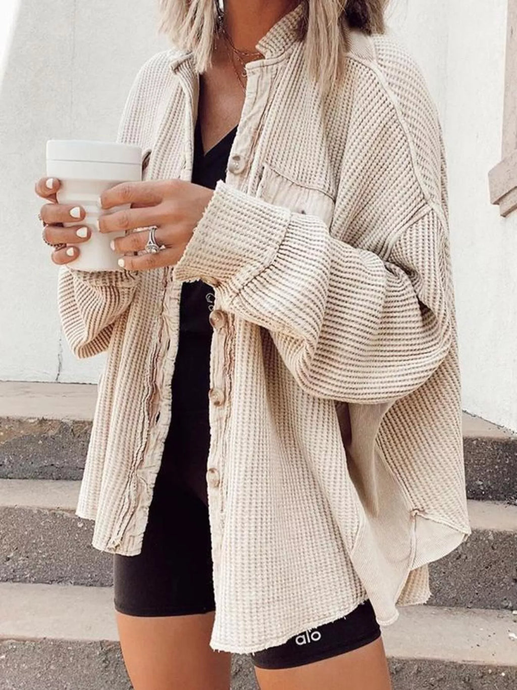 Oversized Waffle Knit Button-up Jacket