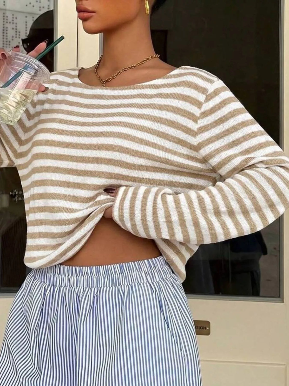 Boat Neck Striped Long Sleeve T-shirt (19)