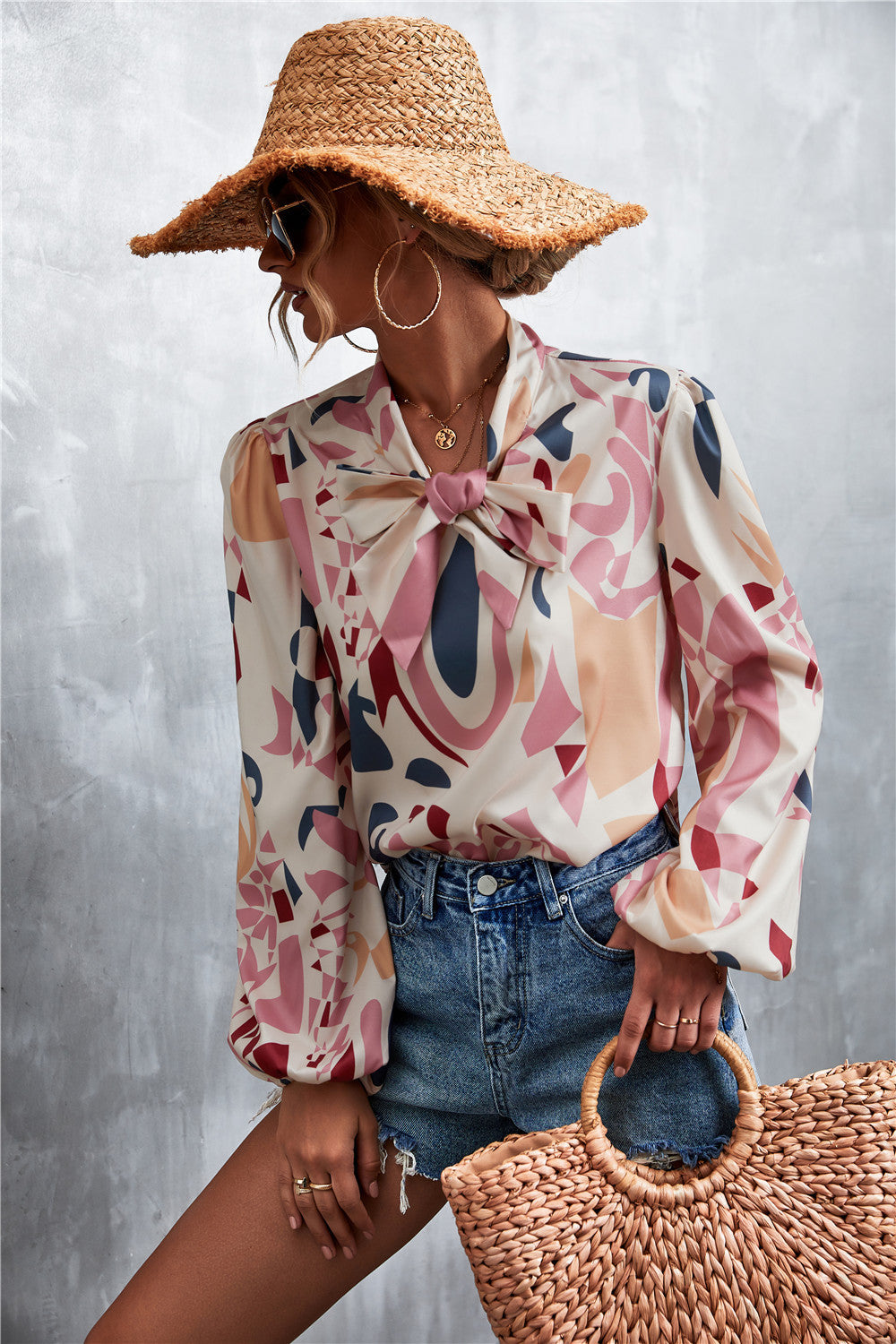 Printed Tie Neck Puff Sleeve Blouse (3)