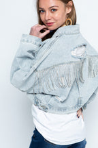 Ripped Rhinestone Denim Jacket Tassel Long Sleeve photo 3