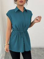 Drawstring Waist Cap Sleeve Shirt (23)