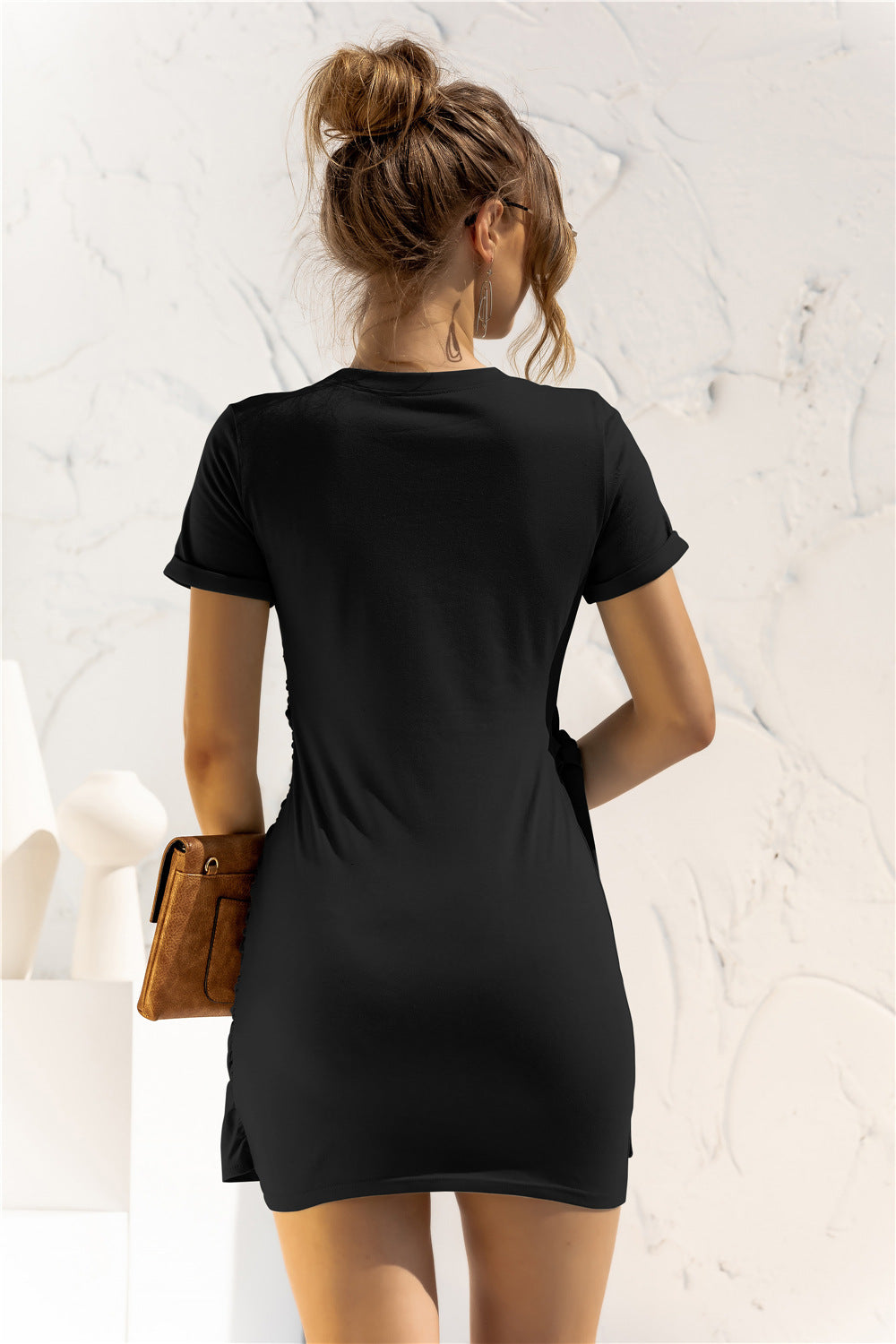 Round Neck Cuffed Sleeve Side Tie Dress (7)