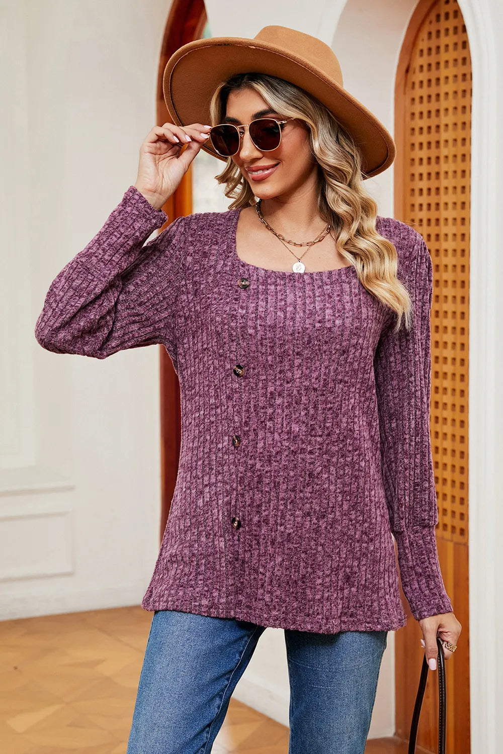 Decorative Button Square Neck T-shirt (17)