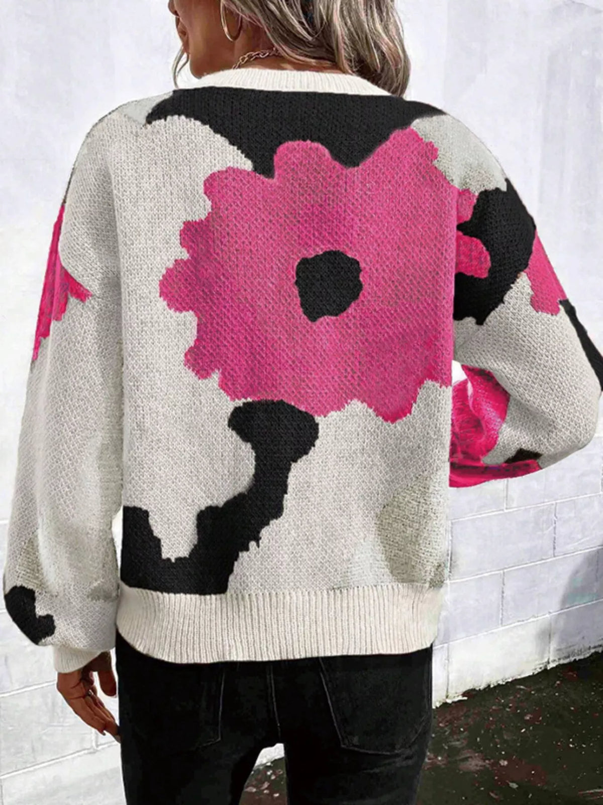 Floral Pattern Round Neck Sweater (8)