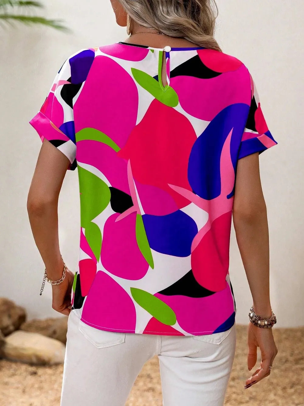 Contrast Round Neck Short Sleeve Blouse (2)