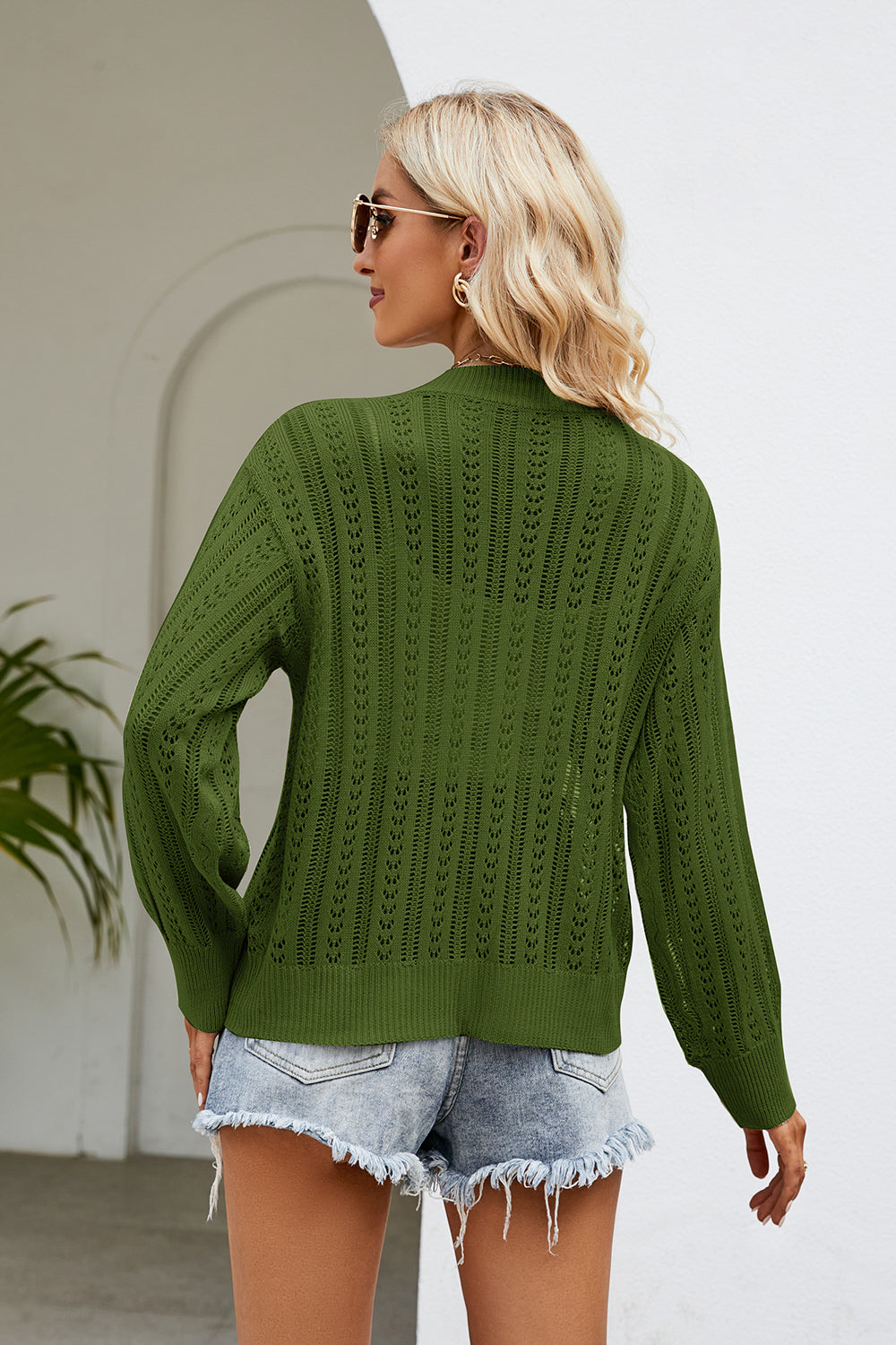 Openwork Button Front V-neck Cardigan (10)