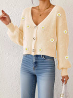 Floral V-neck Button-down Cropped Cardigan (6)