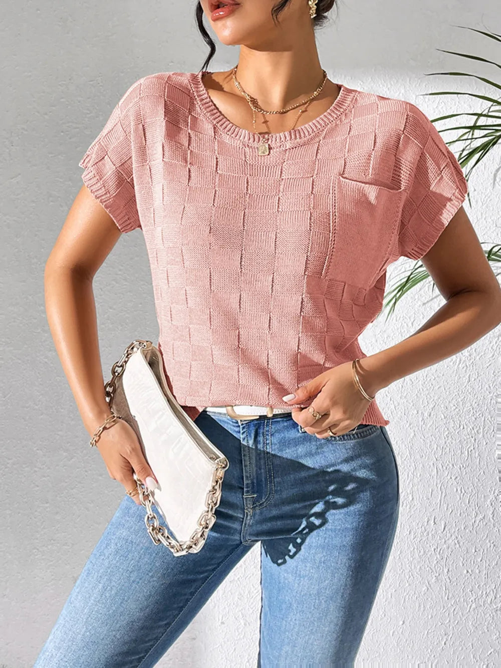Round Neck Short Sleeve Knit Top (20)