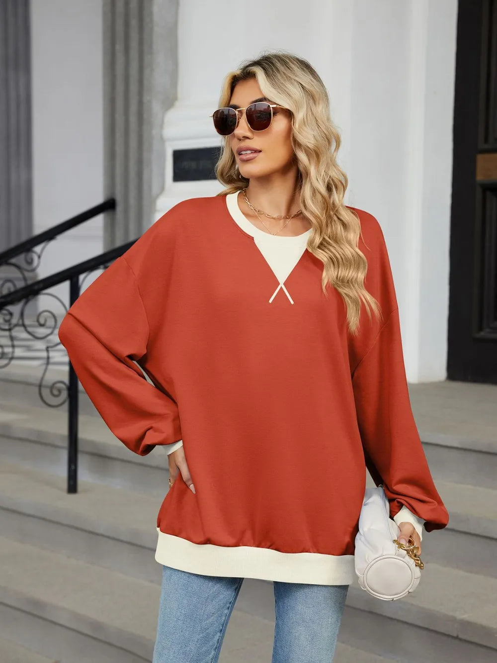 Contrast Round Neck Long Sleeve Sweatshirt (7)