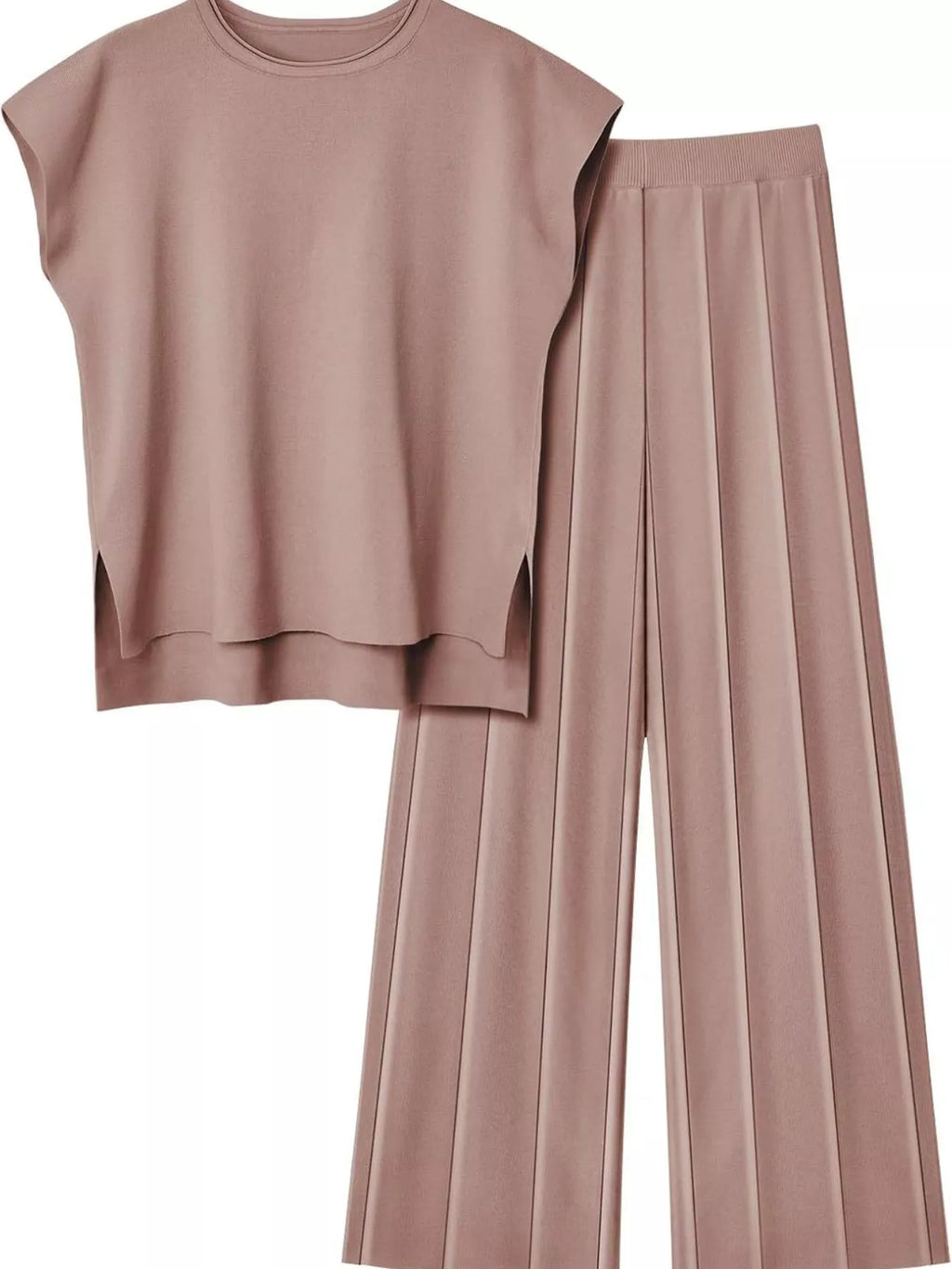 Casual Solid Color Cap Sleeve Top Pants Knit Set (9)