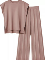 Casual Solid Color Cap Sleeve Top Pants Knit Set (9)