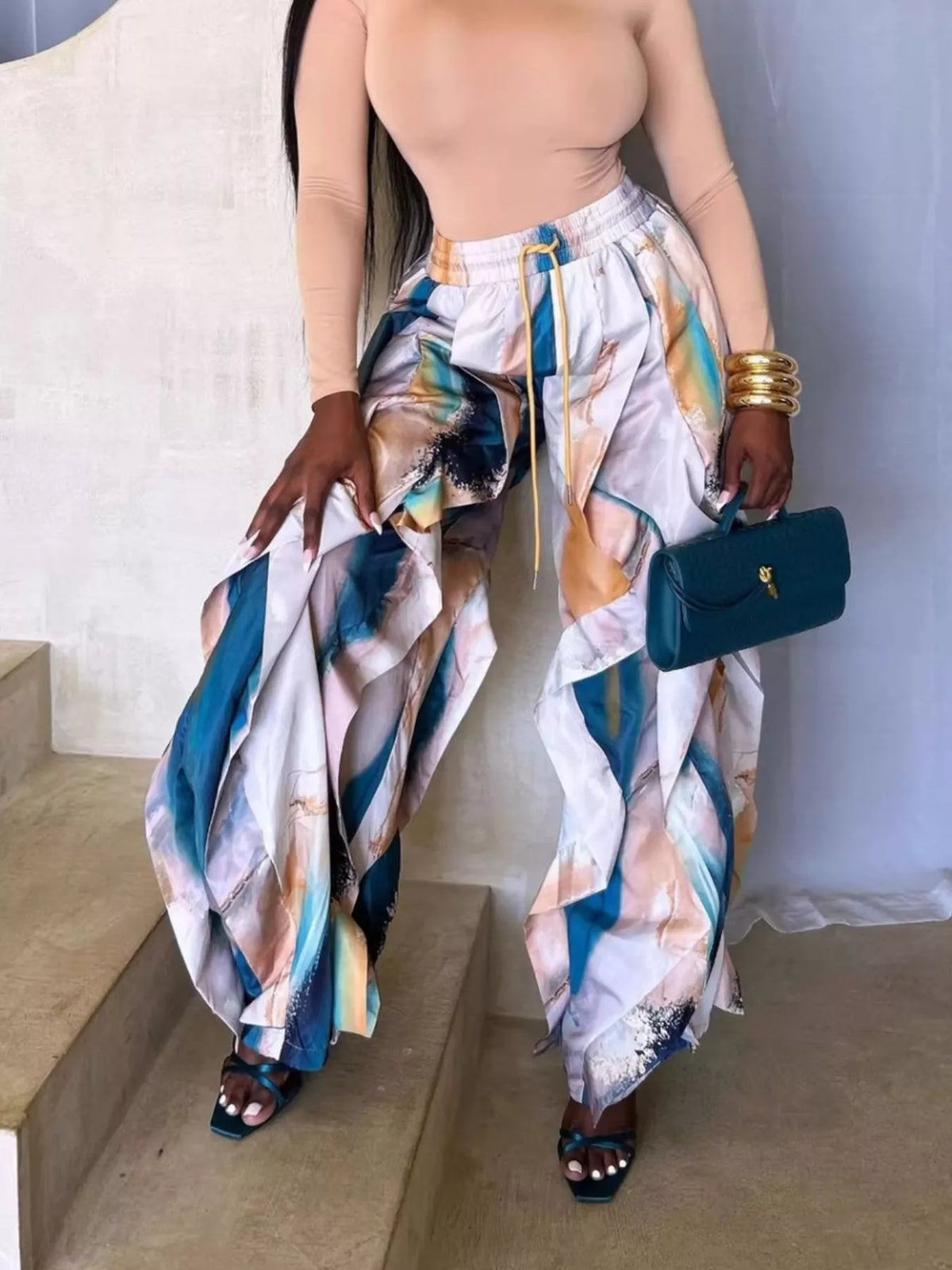 Printed Cargo Pants Drawstring Waist (8)