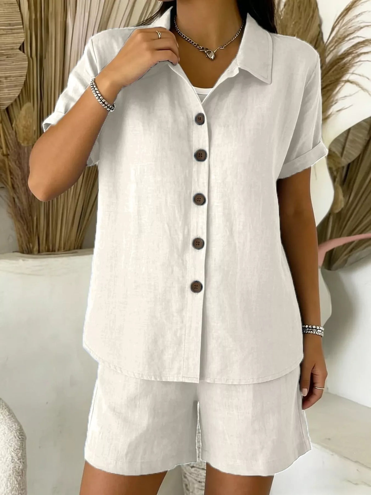 Full Size Button-up Shirt Shorts Set Plus (11)