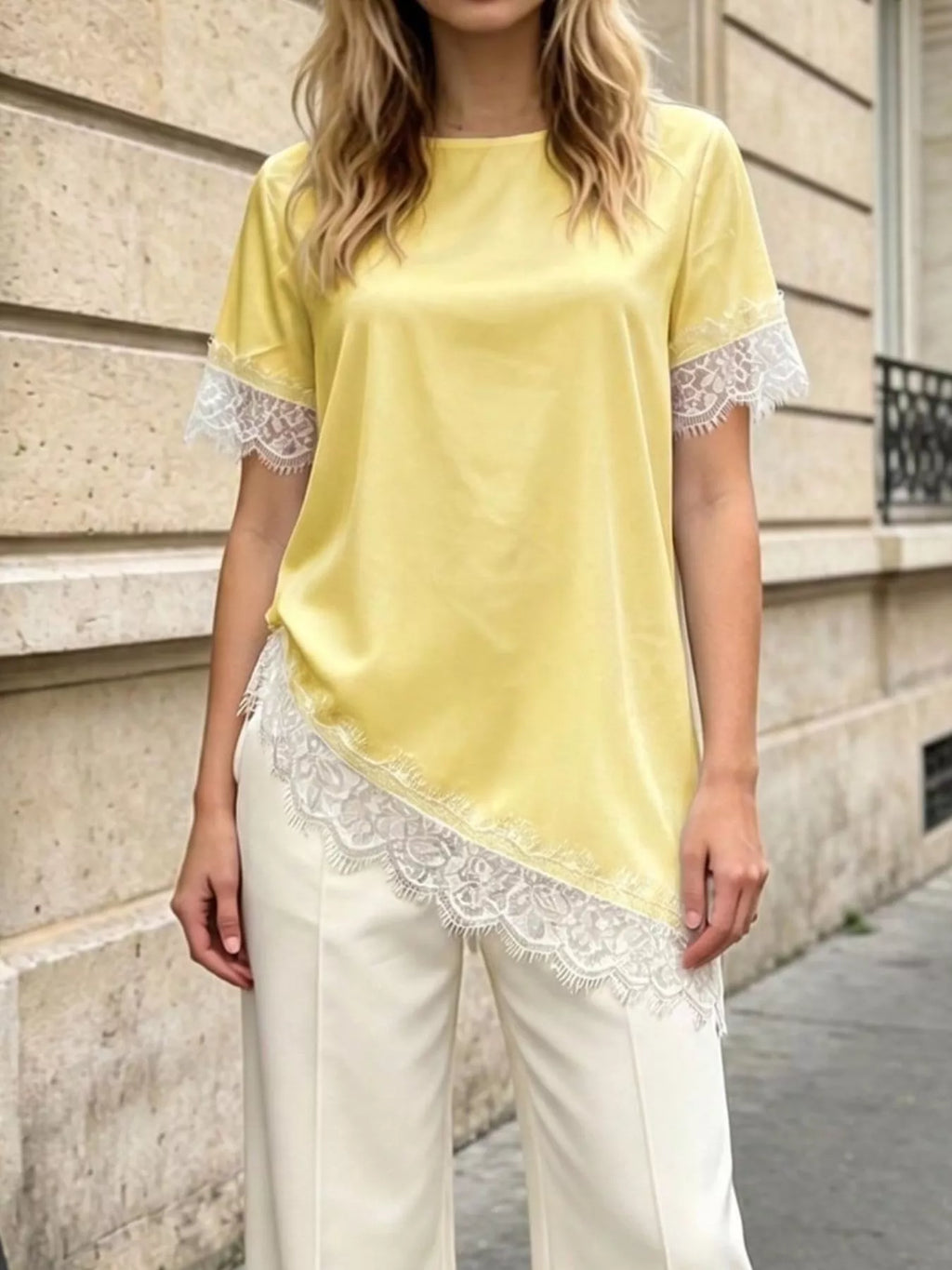 Lace Trim Short Sleeve Satin Top (8)