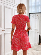 Printed Ruffled Hem V-neck Short Sleeve Mini Dress (6)