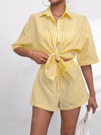 Striped Button Up Shirt Shorts Casual Set (10)