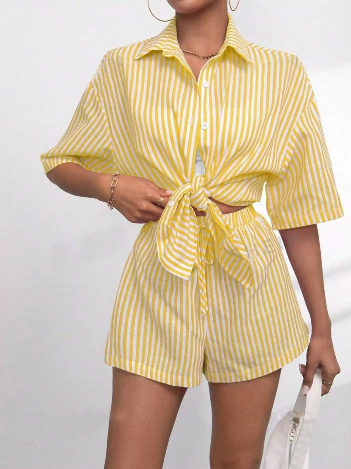 Striped Button Up Shirt Shorts Casual Set (10)