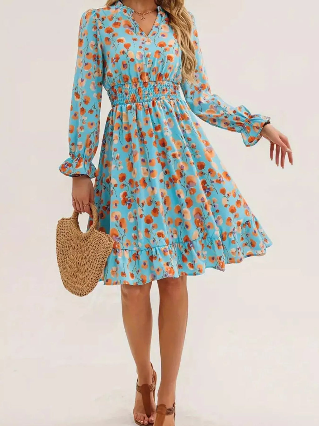 Floral Notched Flounce Sleeve Dress (12)