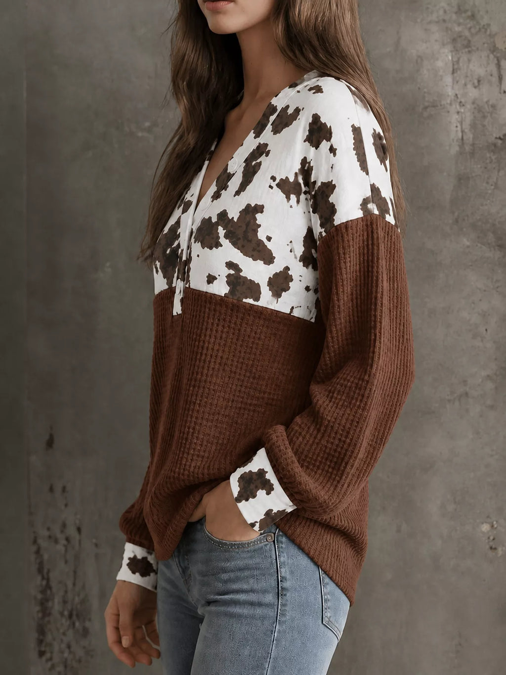 Cow Print Block Waffle Knit Blouse (16)