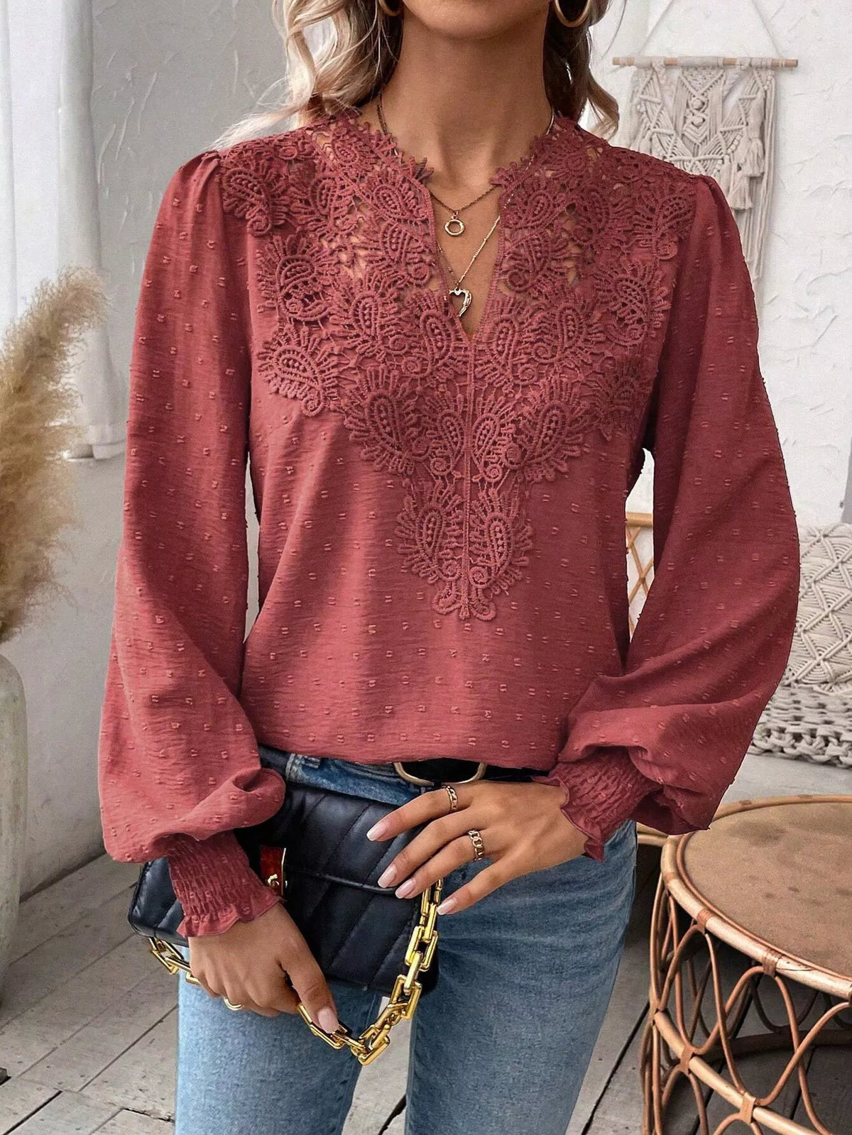Swiss Dot Lace Detail Long Sleeve Blouse (13)