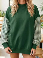 Gingham Sleeves Round Neck Sweatshirt (2)
